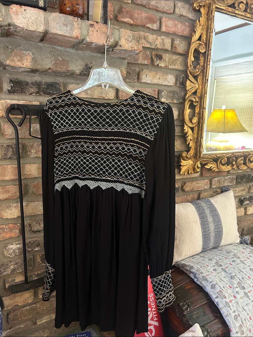 Free People Black Long-Sleeve Embroidered Yoke Dress